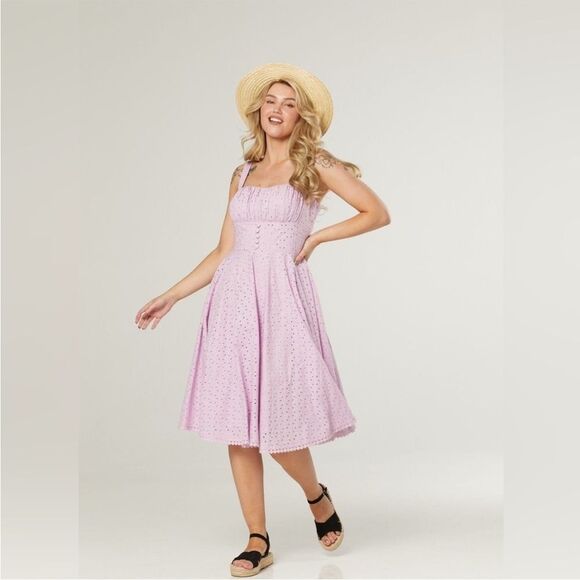 Timeless London Valerie Lilac Purple Eyelet Tea Length Dress Size 6 NWT - Picture 1 of 13
